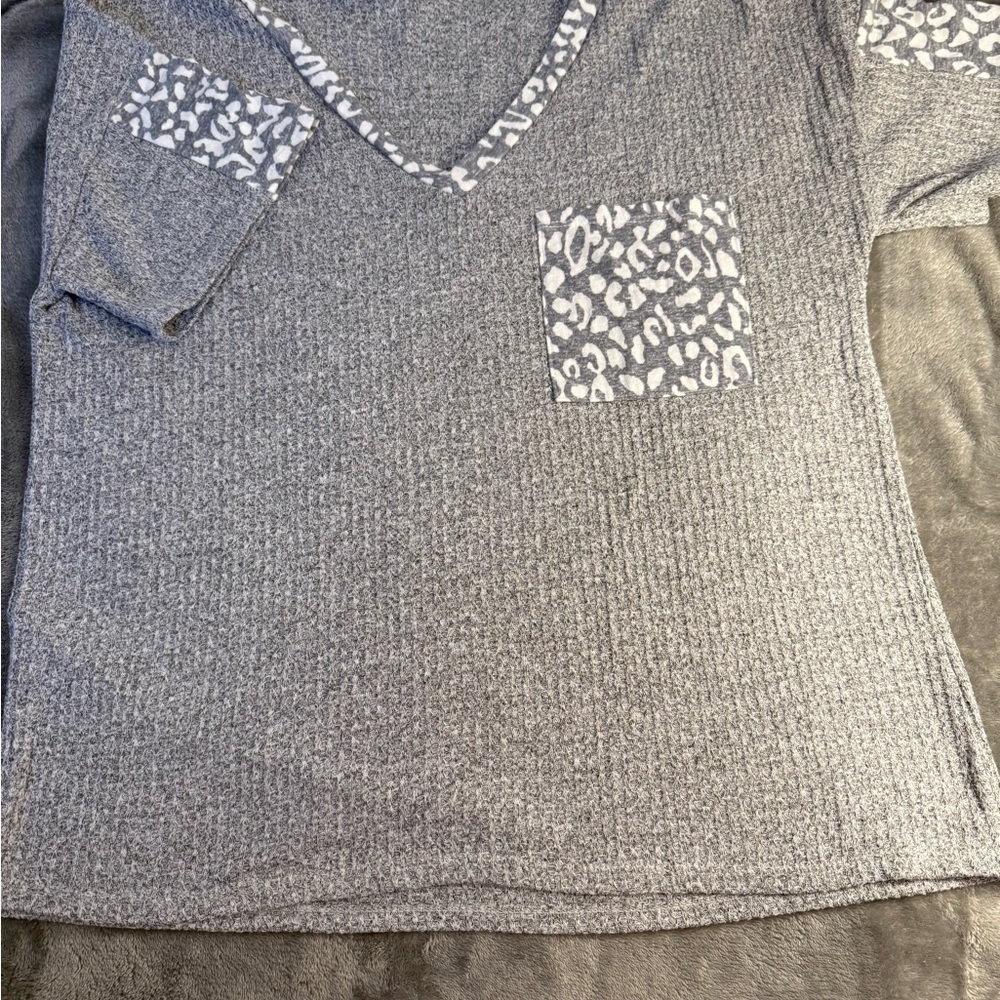 Gray Leopard Print V-Neck Top